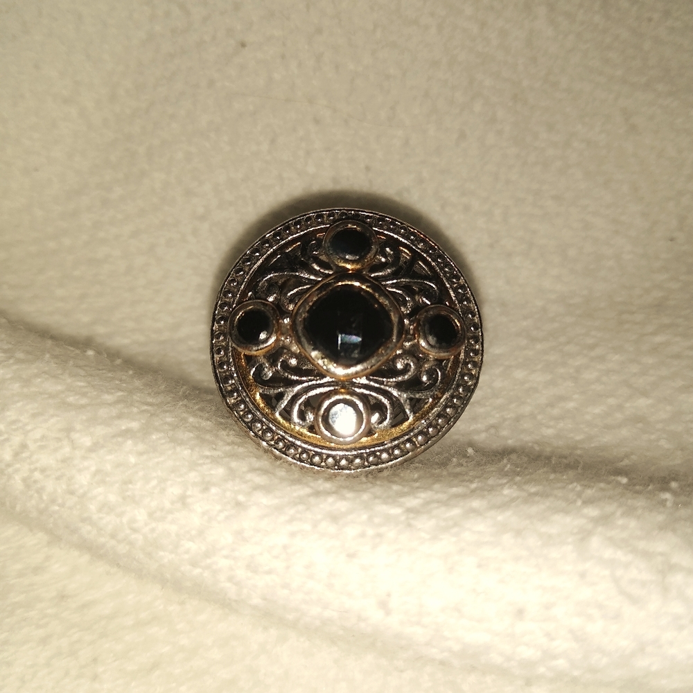 Silver and gold filagree black stone ring